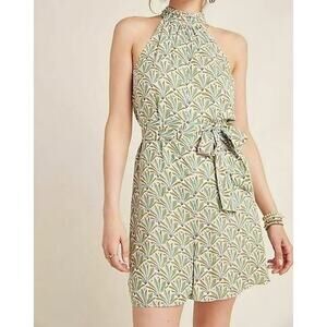 Anthropologie Maddie high-neck halter romper in a green palm/fern Size M VGUC